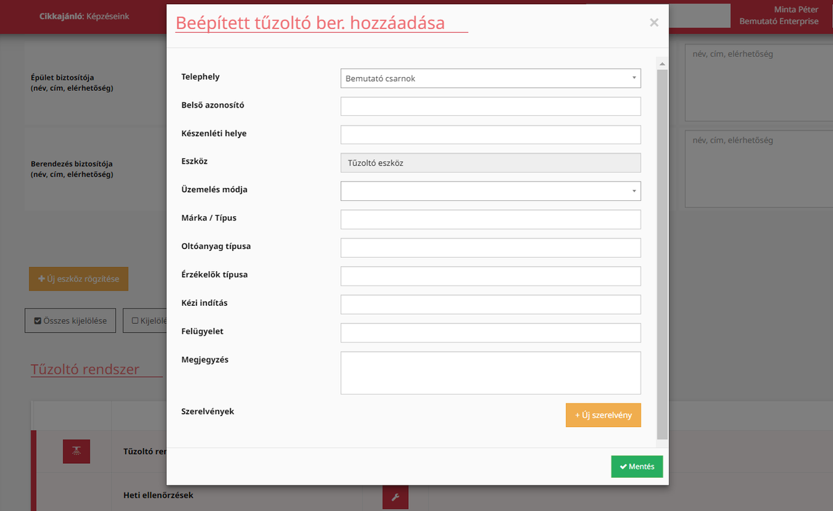 A fiREG Beépített tűzoltó berendezés hozzáadása ablaka telephely, azonosító, márka, oltóanyag és felügyelet mezőkkel