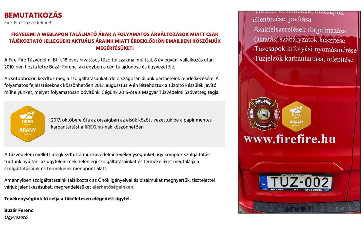 A Fire-Fire Tűzvédelmi Bt. bemutatkozó oldala fiREG Arany partner jelvénnyel, mellette a cég piros autója