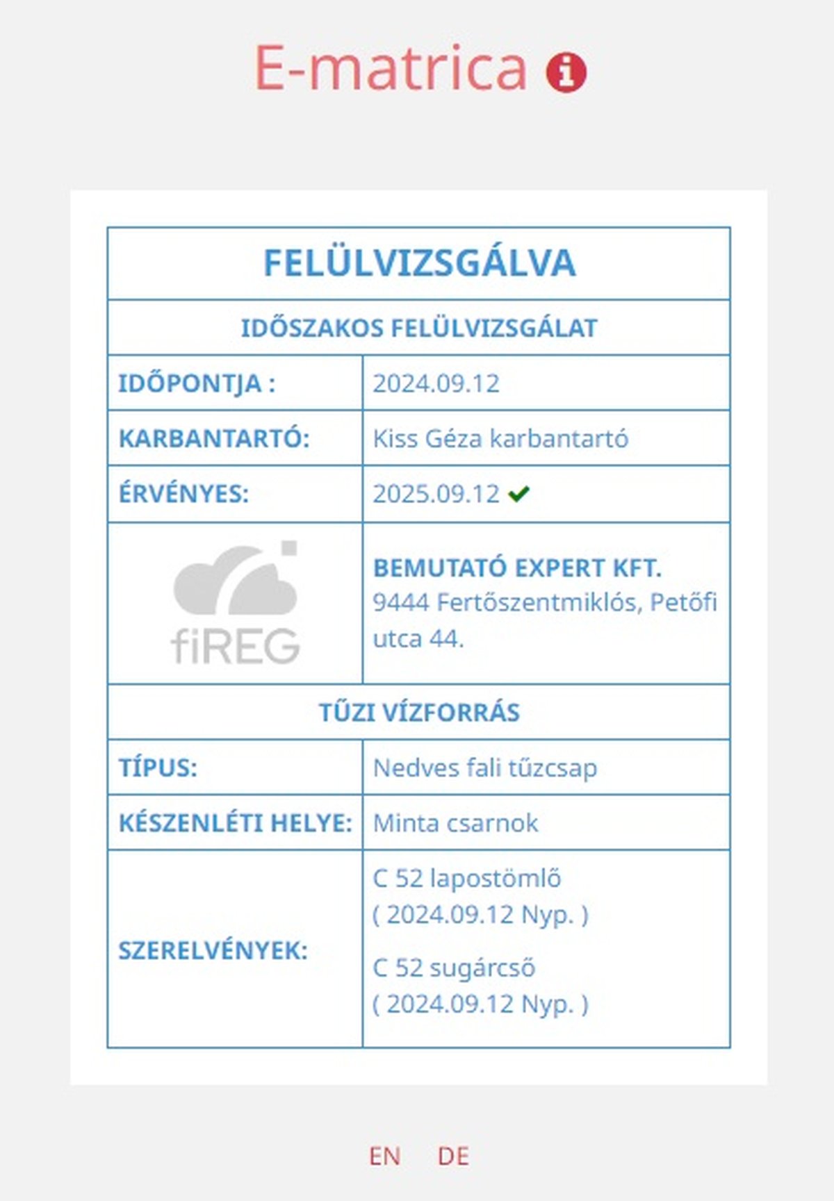 fiREG E-matrica: Felülvizsgálva állapotú nedves fali tűzcsap időszakos felülvizsgálati adataival és érvényességgel