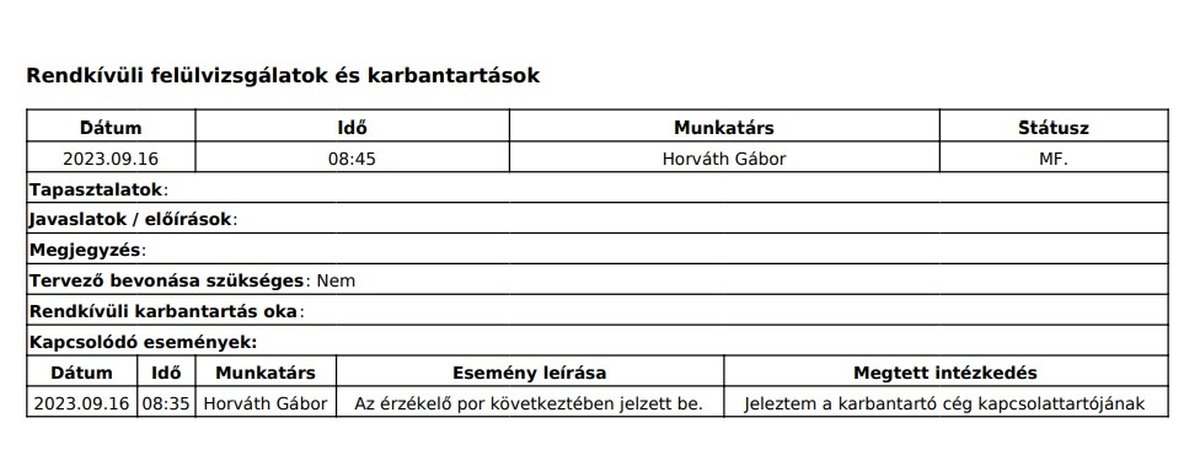 A fiREG tűzjelző naplójának Rendkívüli felülvizsgálatok és karbantartások táblázata egy kitöltött bejegyzéssel