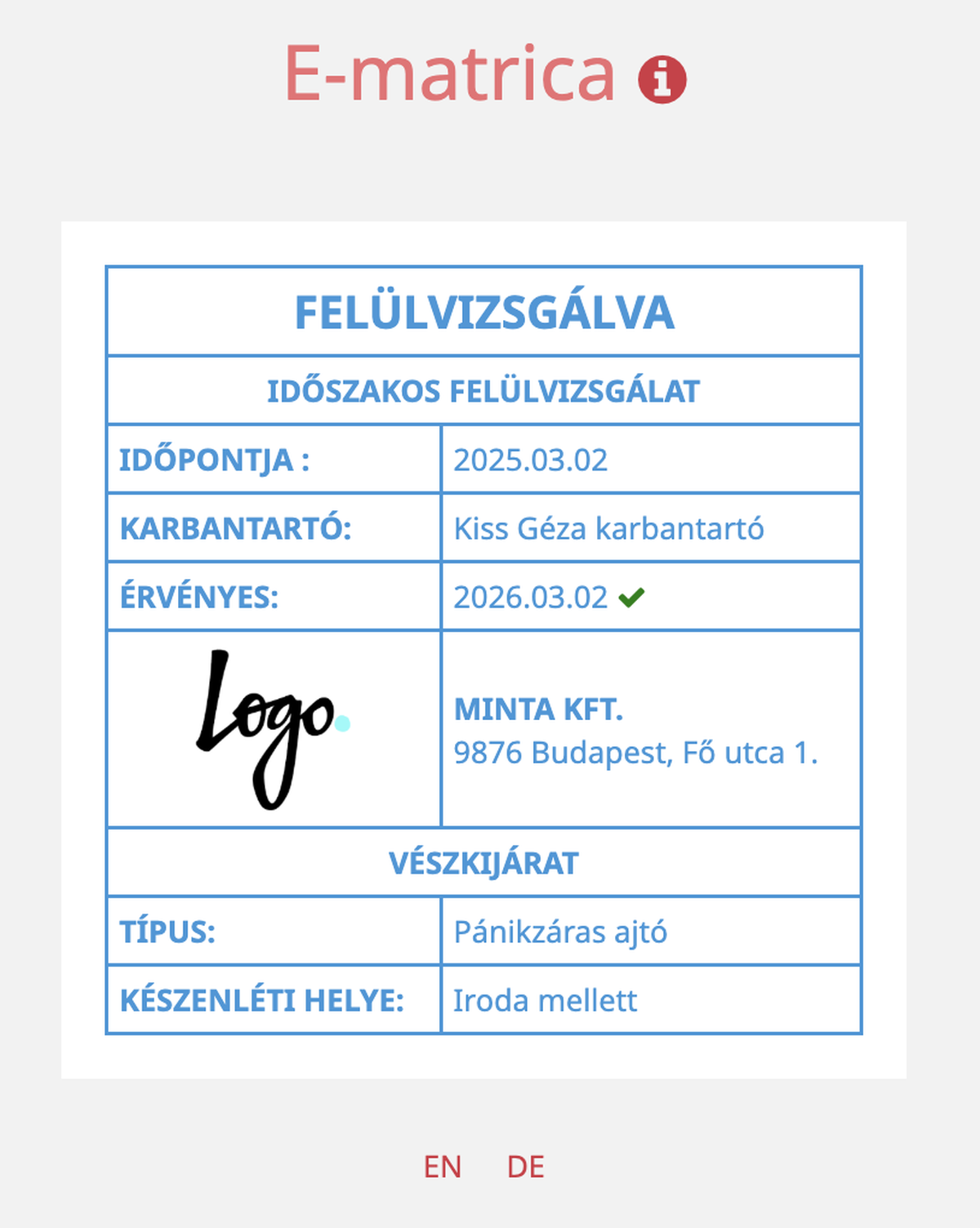 A fiREG E-matrica nézete: Felülvizsgálva felirat, időpont, karbantartó, érvényesség és a vészkijárat adatai