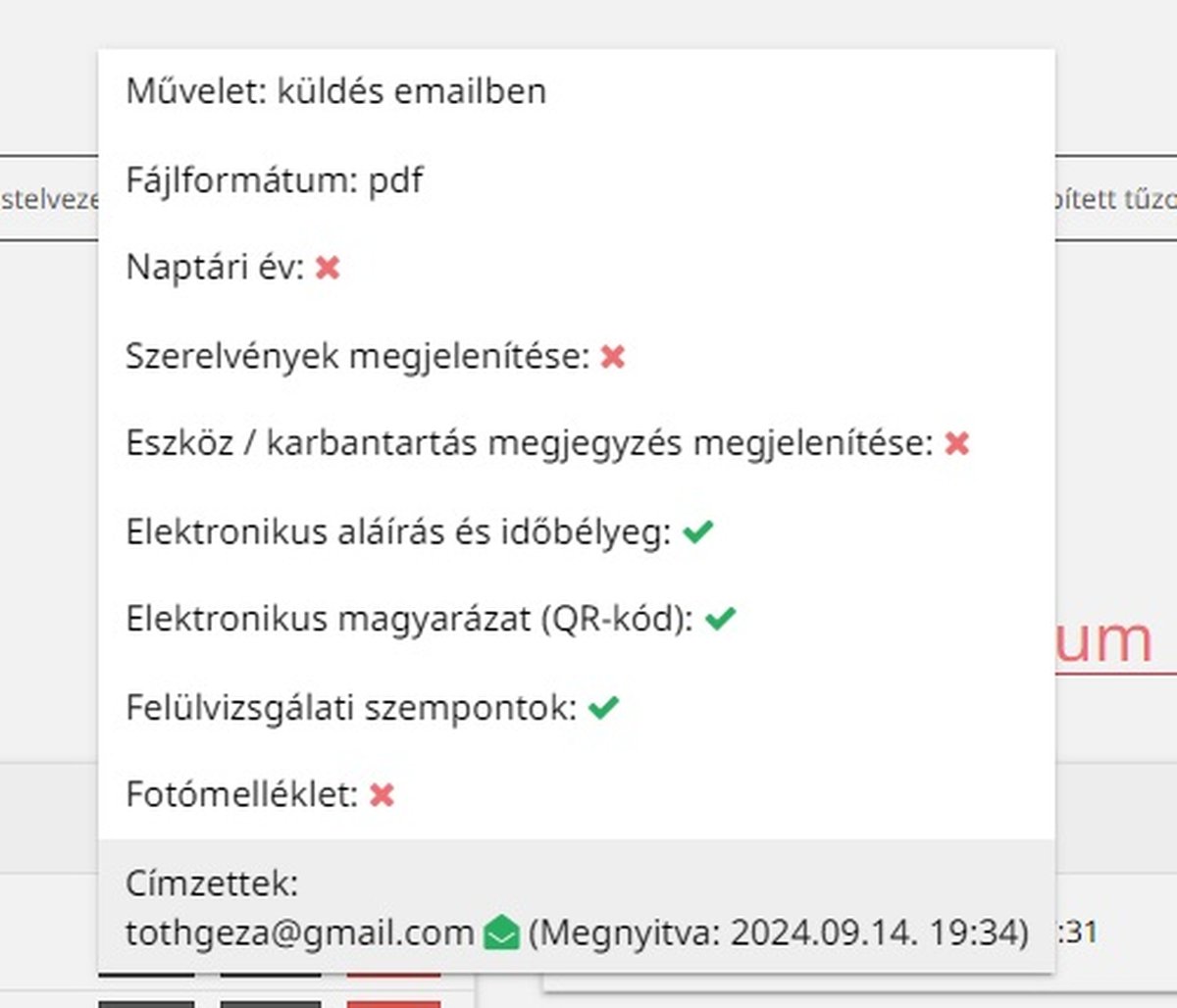 A fiREG naplóküldés részletei: pdf formátum, elektronikus aláírás pipával és a címzett megnyitási időpontjával