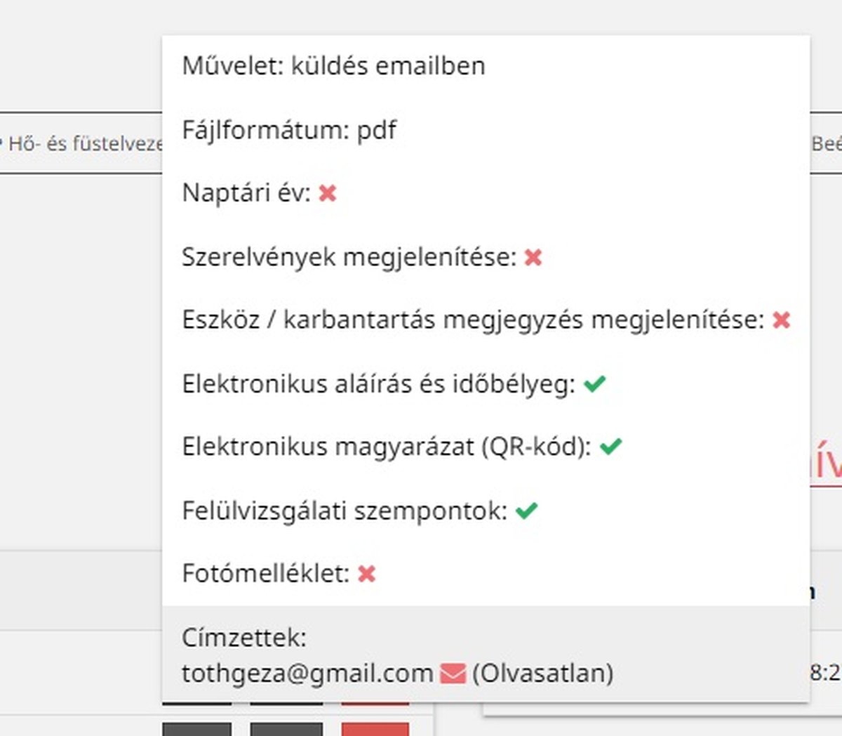 Elküldött napló e-mail adatai a fiREG-ben: pdf formátum, bekapcsolt aláírás és QR-kód, a címzettnél Olvasatlan jelzés