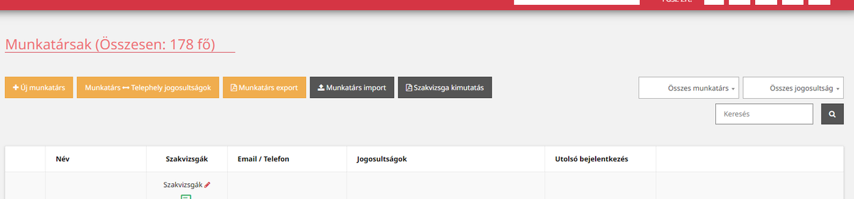 A fiREG Munkatársak listája (178 fő) export, import és Szakvizsga kimutatás gombokkal