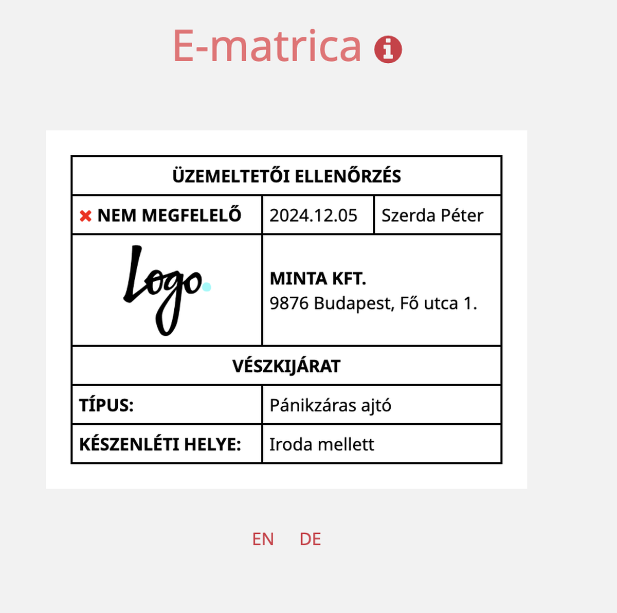 fiREG E-matrica üzemeltetői ellenőrzésről: Nem megfelelő jelzés pánikzáras ajtó vészkijáratnál, 2024.12.05