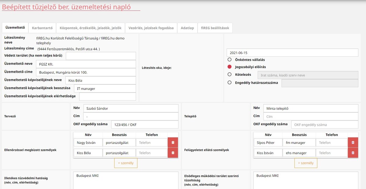 A fiREG Beépített tűzjelző berendezés üzemeltetési napló képernyője, Üzemeltető fül a létesítmény adataival