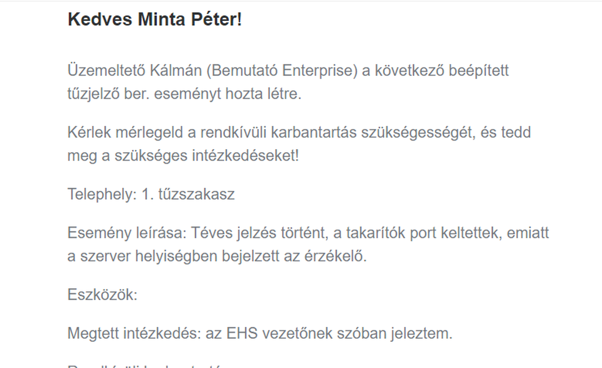 fiREG e-mail értesítés részlete: beépített tűzjelző esemény téves jelzésről, rendkívüli karbantartás mérlegelését kérve