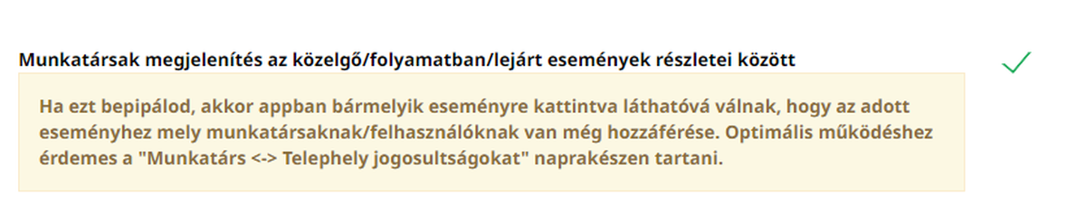 A fiREG beállítási képernyője: bepipált opció a munkatársak megjelenítésére az események részleteinél, magyarázattal