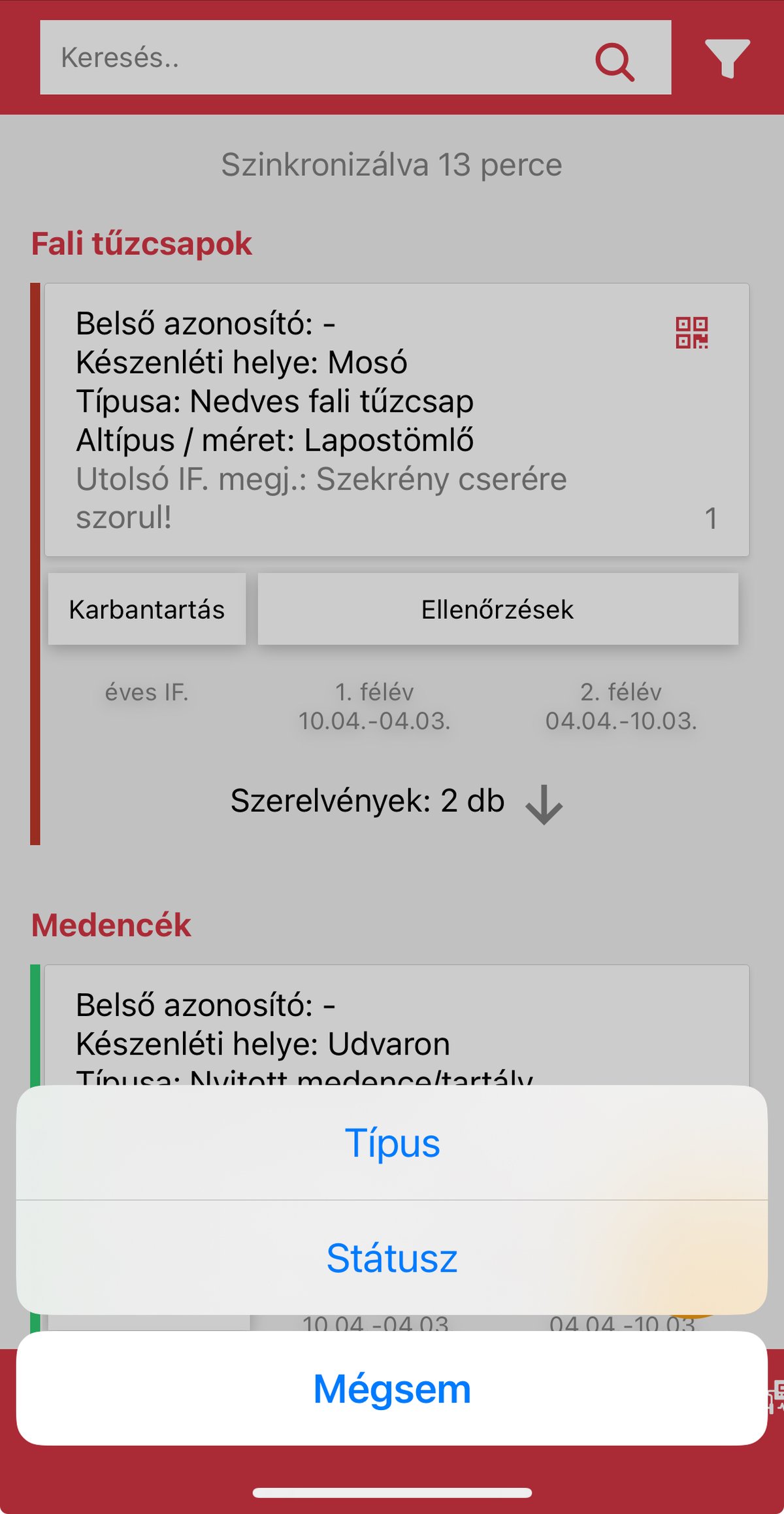 A fiREG mobilalkalmazás eszközlistája nedves fali tűzcsappal és medencével, alul Típus és Státusz szűrőválasztóval