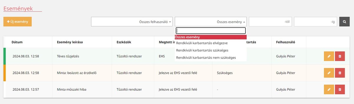 A fiREG Események táblázata tűzoltó rendszer eseményekkel és rendkívüli karbantartás szűrővel