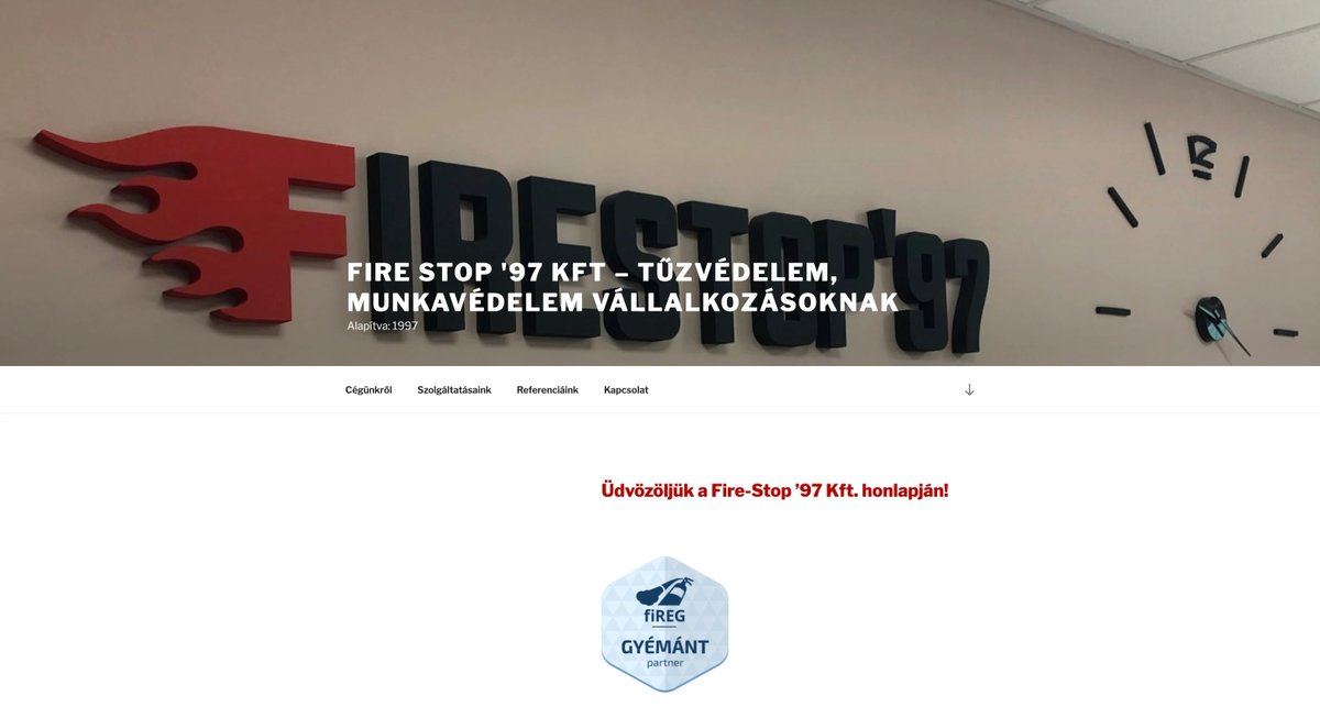 A Fire Stop '97 Kft. honlapjának fejléce a falon lévő céglogóval, alatta a fiREG Gyémánt partner jelvény