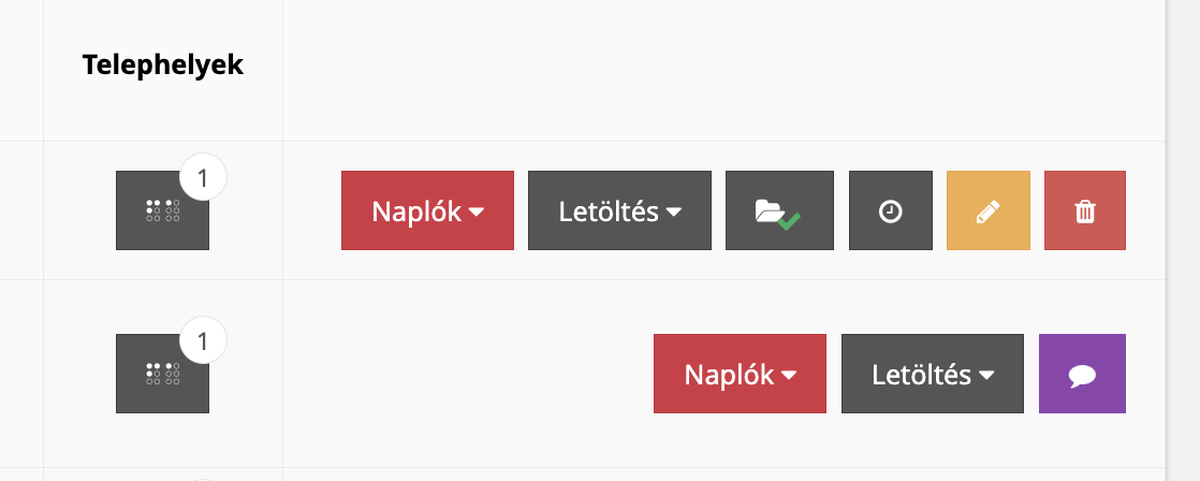 A fiREG Telephelyek listája Naplók és Letöltés legördülő gombokkal, mappa, óra, szerkesztés és törlés ikonokkal
