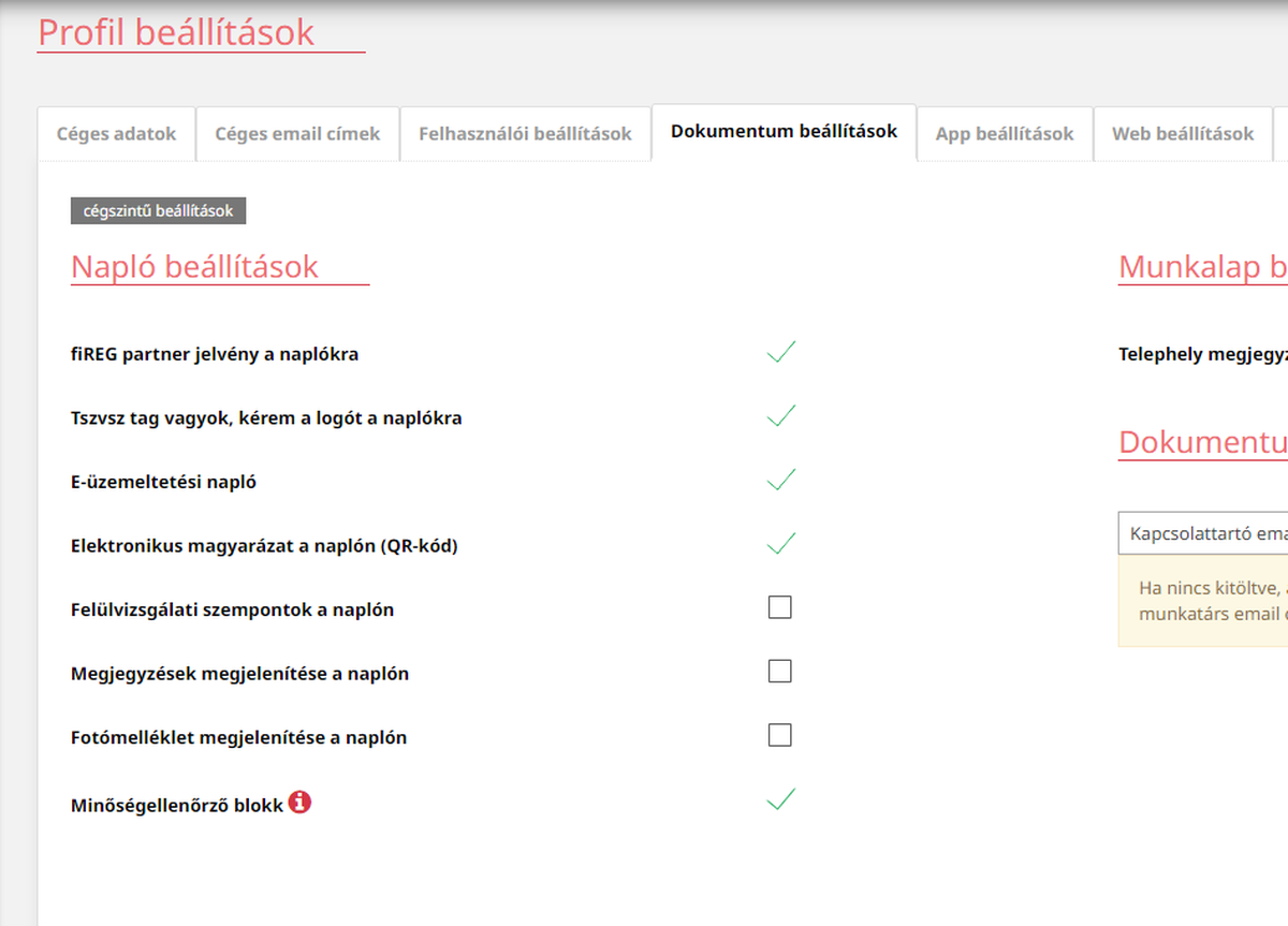 A fiREG Profil beállítások Dokumentum beállítások füle: a naplóra kerülő elemek pipálható listája