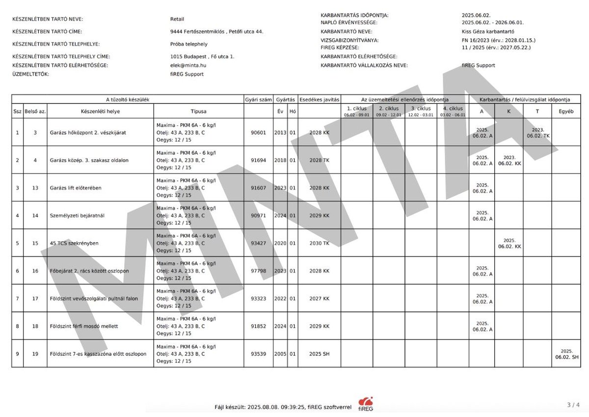 fiREG-ből exportált tűzoltó készülék üzemeltetési napló MINTA vízjellel: készülékek helye, típusa, ellenőrzési dátumok